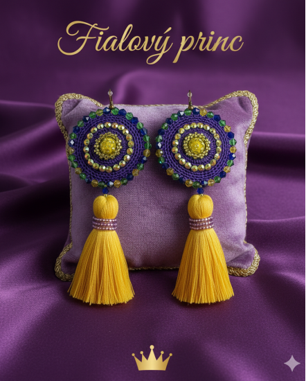 Háčkované  dizajnové náušnice "Fialový princ"